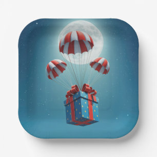 Parachutes Delivering a Christmas Gift Paper Plate