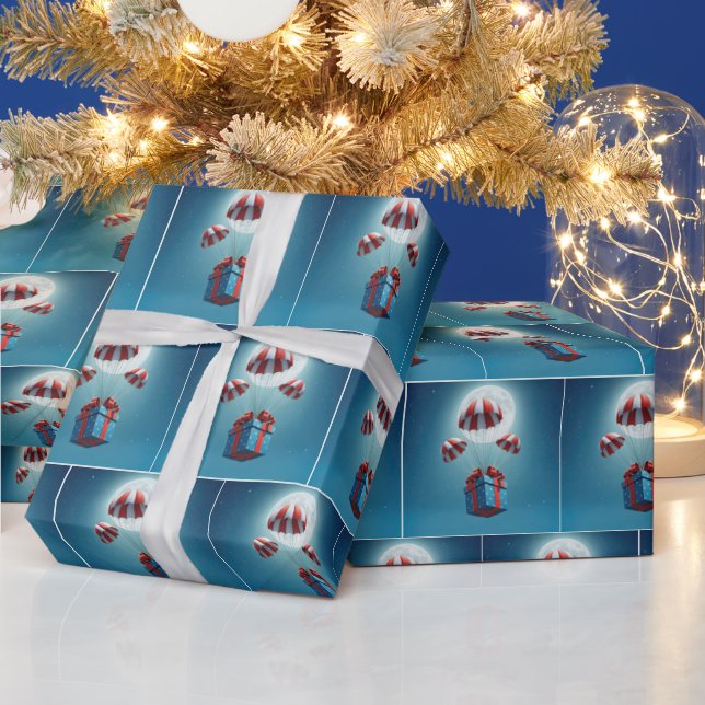 Parachutes Delivering a Christmas Gift  Wrapping Paper (Holidays)