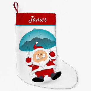 Parachuting Modern Santa Claus Personalised Name Small Christmas Stocking