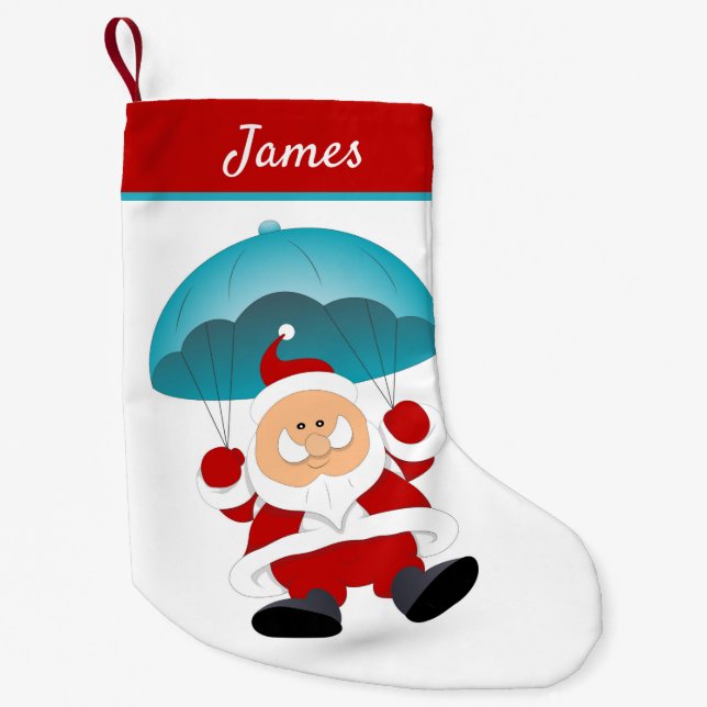 Parachuting Modern Santa Claus Personalised Name Small Christmas Stocking (Front)