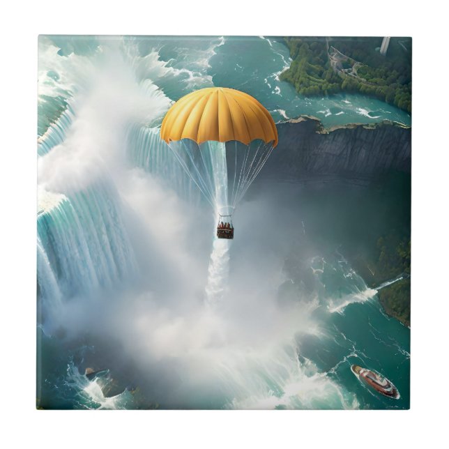 Parachuting Over Niagara Falls In A Basket, Ceramic Tile (Front)