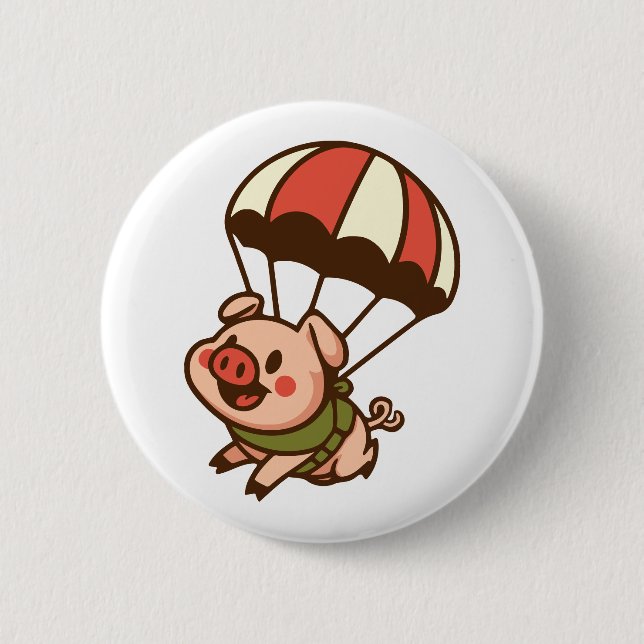 Parachuting pig 6 cm round badge (Front)