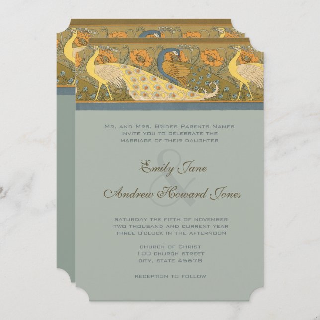 Parade Art Nouveau Peacock Bird Wedding Invitation (Front/Back)