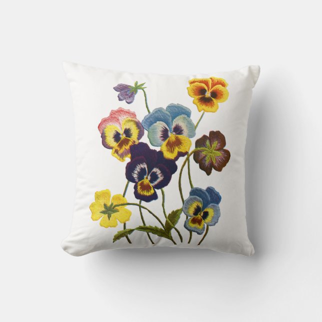 Parade of Pansies Faux Crewel Embroidery Pillow (Front)