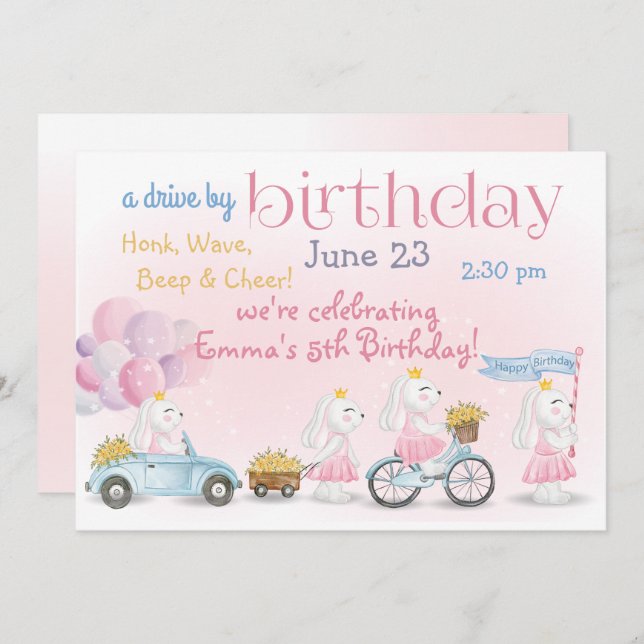 Parade of Pastel Pink Bunnies  Drive By  Birthday Invitation (Front/Back)