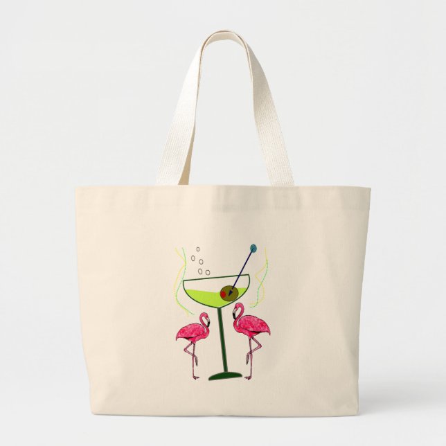 "Paradise Awakening"--Pink flamingo & Martini Large Tote Bag (Front)
