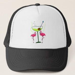 "Paradise Awakening"--Pink flamingo & Martini Trucker Hat