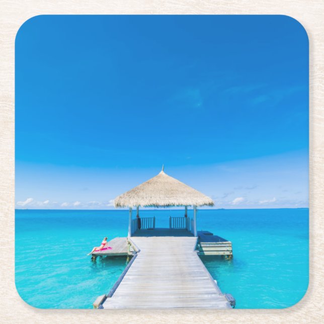 Paradise Beach | Tropical Resort, Maldives Square Paper Coaster (Front)