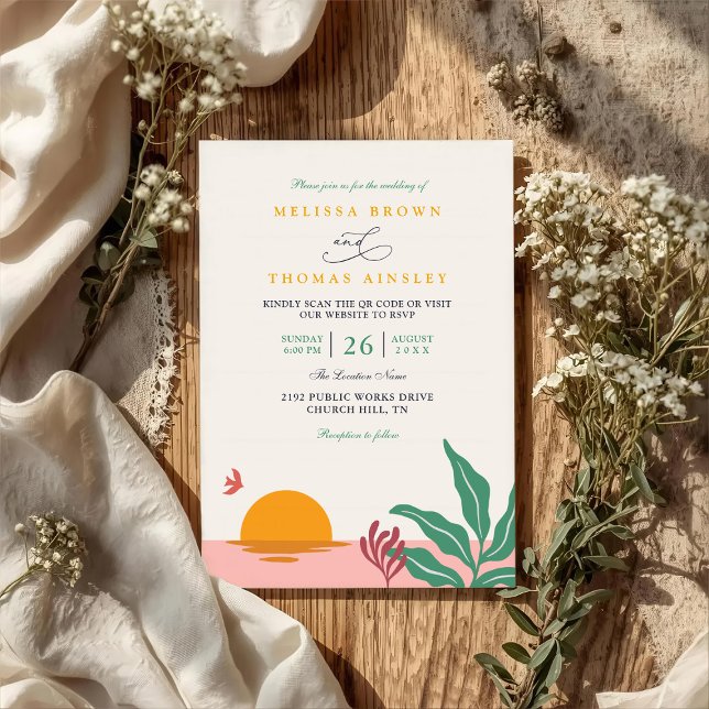 Paradise Beach Tropical Vintage QR Code Wedding Invitation (Creator Uploaded)