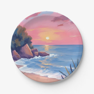 Paradise Cove   Pink Watercolor Ocean Waves Sunset Paper Plate