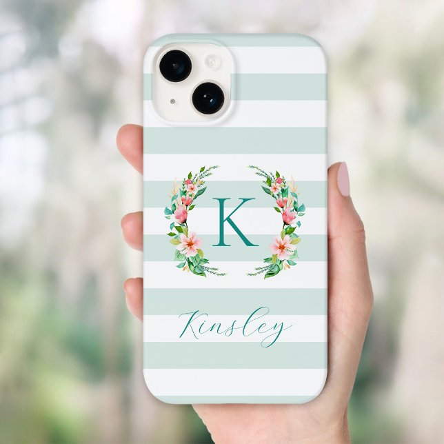 Paradise Floral and Mint Stripes Monogram Case-Mate iPhone Case (Creator Uploaded)