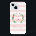 Paradise Floral and Pink Stripes Monogram iPhone 15 Case<br><div class="desc">This fun trendy design features a blush pink and white striped background with colourful floral wreath. Personalise the design with your name and monogram or other text. Use the design tools to choose any background colour, edit the text fonts and colours or upload your own photos to create a unique...</div>