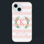 Paradise Floral and Pink Stripes Monogram iPhone 15 Case<br><div class="desc">This fun trendy design features a blush pink and white striped background with colourful floral wreath. Personalise the design with your name and monogram or other text. Use the design tools to choose any background colour, edit the text fonts and colours or upload your own photos to create a unique...</div>
