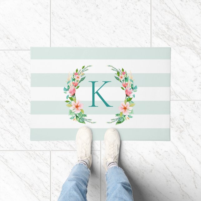 Paradise Floral and Stripes Monogram Doormat (Indoor)