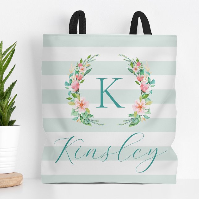 Paradise Floral and Stripes Monogram Tote Bag (Creator Uploaded)