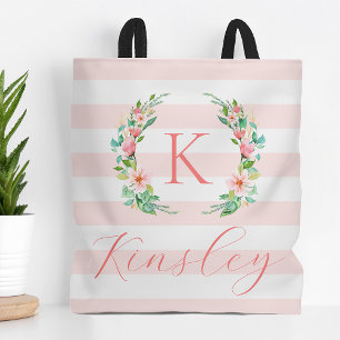 Paradise Floral and Stripes Monogram Tote Bag