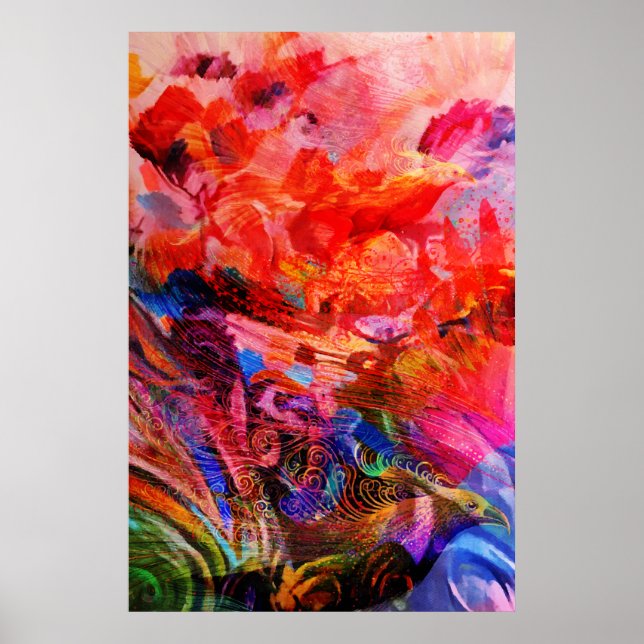Paradise Floral Bird Phoenix Rising Flame Art Poster (Front)
