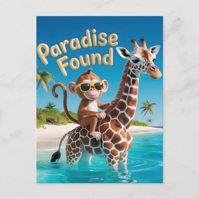 Paradise Found, Monkey Riding Giraffe in the Ocean Postcard (Front)