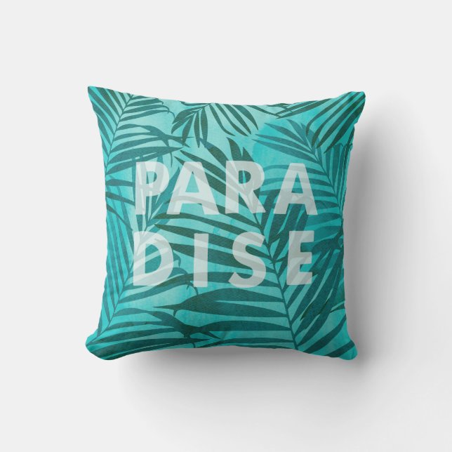 Paradise Hawaiian Palms Tropical in Teal Cushion (Front)