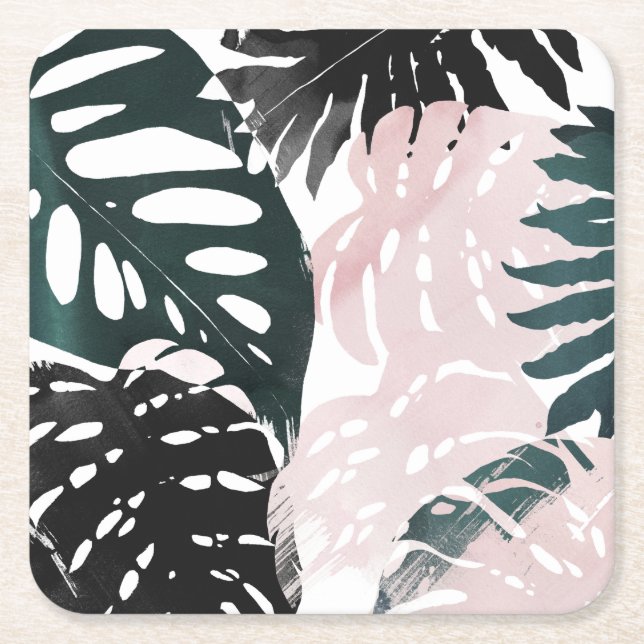 Paradise Palm Fronds Square Paper Coaster (Front)