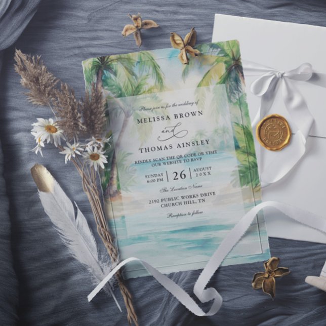 Paradise Palms Tropical Beach QR Code Wedding Invitation (Creator Uploaded)