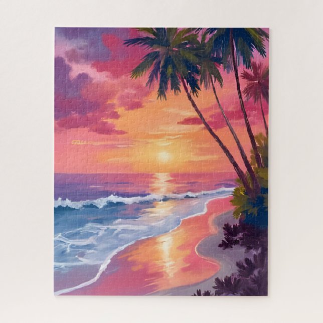 Paradise Sunset | Pink Tropical Watercolor Beach Jigsaw Puzzle (Vertical)