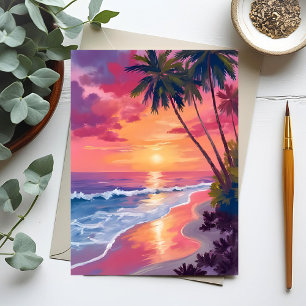 Paradise Sunset Pink Tropical Watercolor Beach Postcard