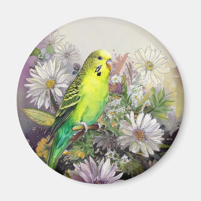 Parakeet and Daisies magnet (Front)