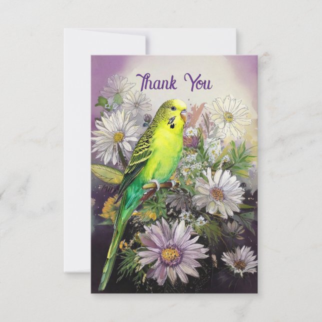Parakeet and Flowers Thank You Note Card (Front)