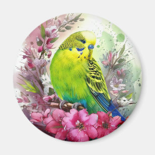 Parakeet and Pink Flowers Magnet