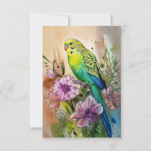 Parakeet and Purple Flowers Thank You Card