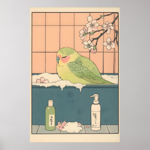 Parakeet in Bathtub Ukiyo-e Print Funny Bird