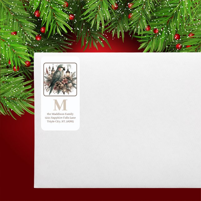 Parakeet Lanterns Christmas Monogram Address Label (Creator Uploaded)