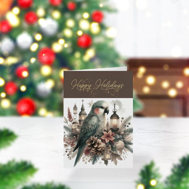 Parakeet Lanterns Happy Holidays Typography Foil Holiday Card (Creator Uploaded)