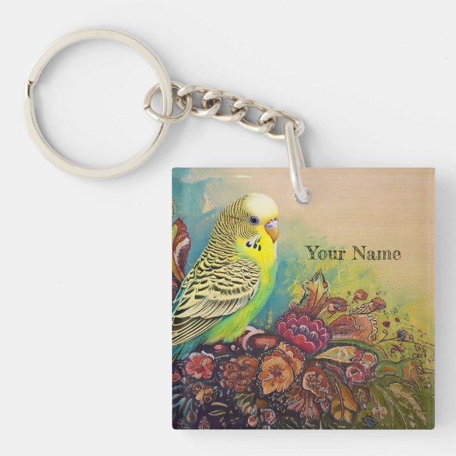 Parakeet with Folk Art Flowers Key Ring (Front)
