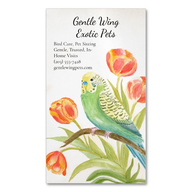 Parakeet with Tulips Exotic Pets Magnetic Business Card (Front Vertical)