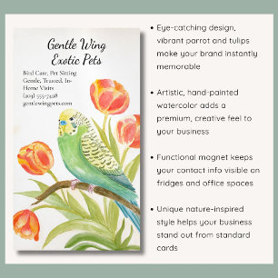 Parakeet with Tulips Exotic Pets Magnetic Business Card