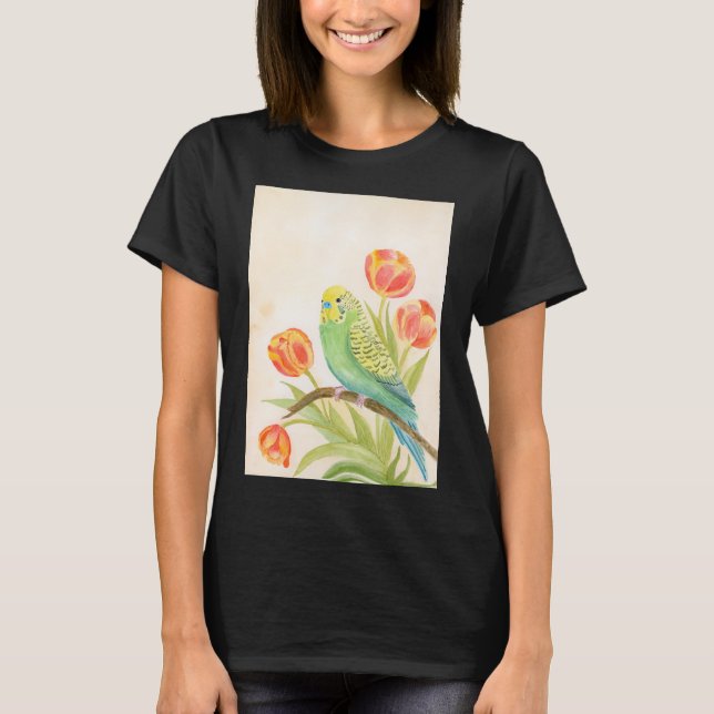 Parakeet with Tulips Exotic Pets T-Shirt (Front)