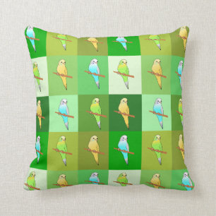 Parakeets in Green  squares Pattern cushion