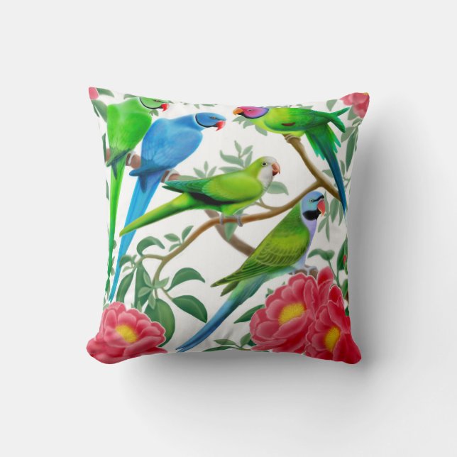 Parakeets in Peony Flowers Pillow (Front)
