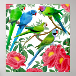 Parakeets & Peonies Print