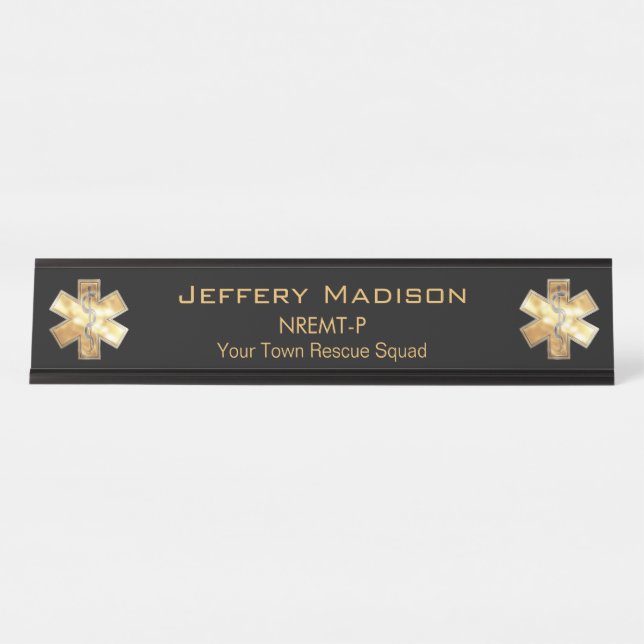 Paramedic EMT EMS Black and Gold Desk Name Plate (Front)