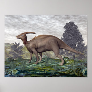 Parasaurolophus dinosaur among gingko trees poster