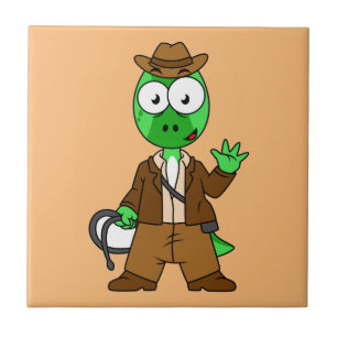 Parasaurolophus Dressed As Indiana Jones. Ceramic Tile