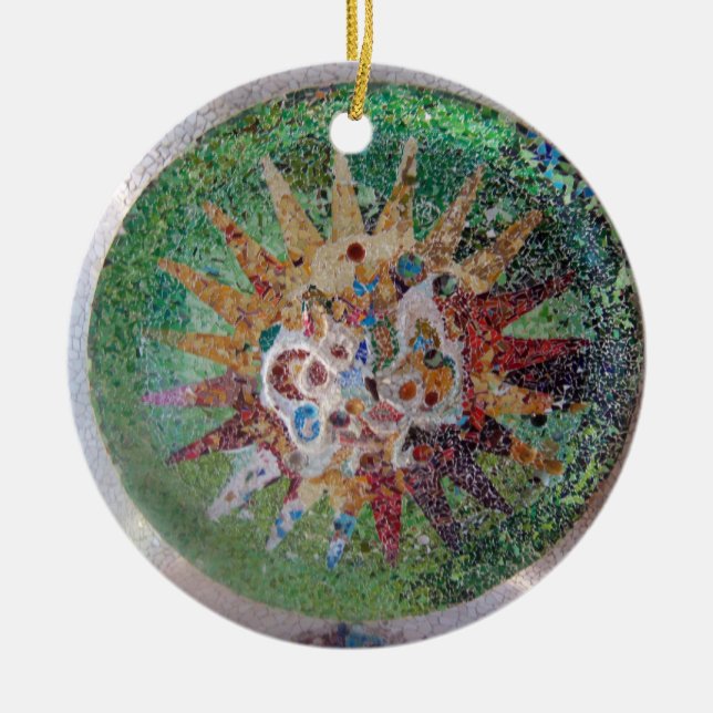 Parc Guell Mosaic Green Ceramic Tree Decoration (Front)