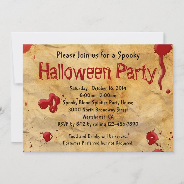 Parchment, Blood Splatter Halloween Invitations (Front)