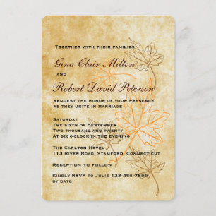 Parchment Orange Brown Leaves Vintage Fall Wedding Invitation