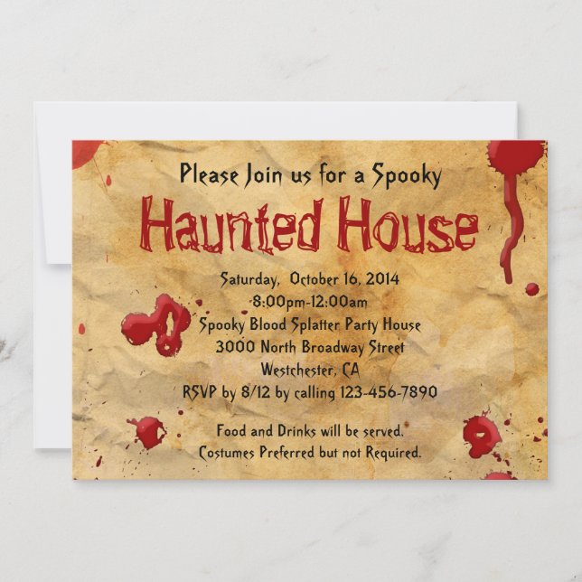 Parchment Paper Blood Splatter Haunted House Invitation (Front)