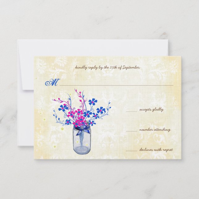 Parchment Pink and Navy Wild Flower Mason Jar RSVP Card (Front)