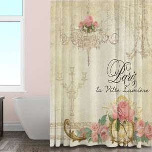 Parchment Romance Roses Paris Parisian Chandelier Shower Curtain